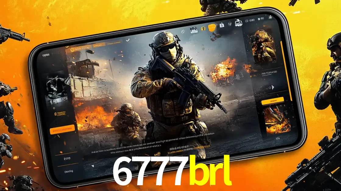 Um smartphone exibindo a interface de um jogo de tiro em primeira pessoa, com um soldado em um cenário de batalha, representando a ação dos e-sports para apostar no 6777brl.