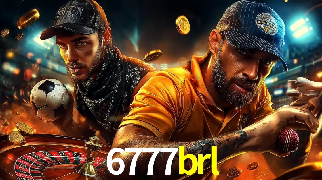 Montagem de apostas esportivas e cassino no 6777brl, com um homem segurando uma bola de futebol e outro uma de beisebol sobre uma roleta e moedas voadoras.