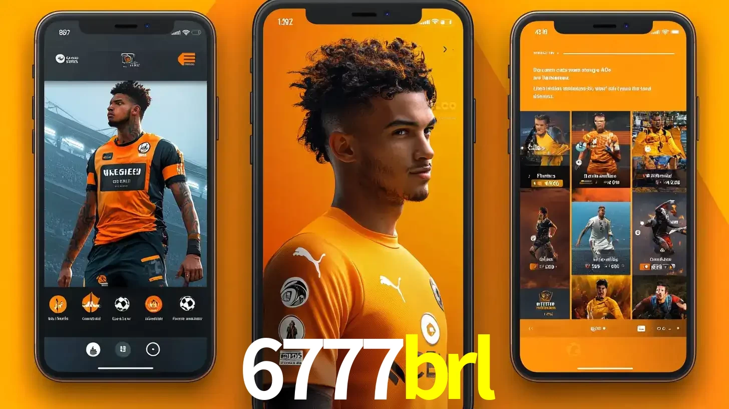 Interface do aplicativo de apostas esportivas 6777brl em três telas de celular, mostrando o perfil de um jogador de futebol e a lista de jogos disponíveis para apostar.