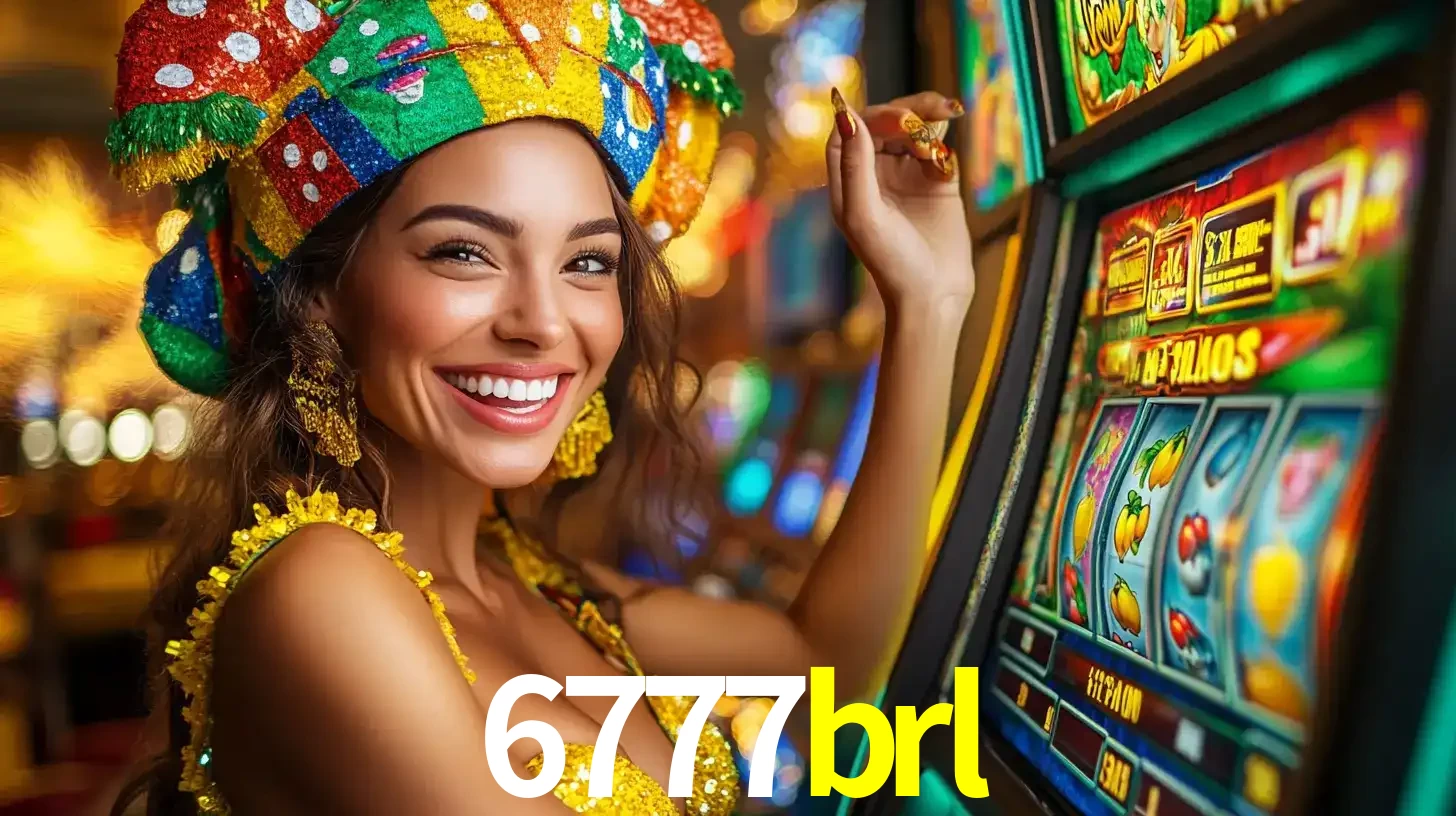 Mulher feliz com traje de carnaval amarelo e colorido ao lado de uma máquina de caça-níqueis, aproveitando a diversão e os jogos temáticos do cassino 6777brl.